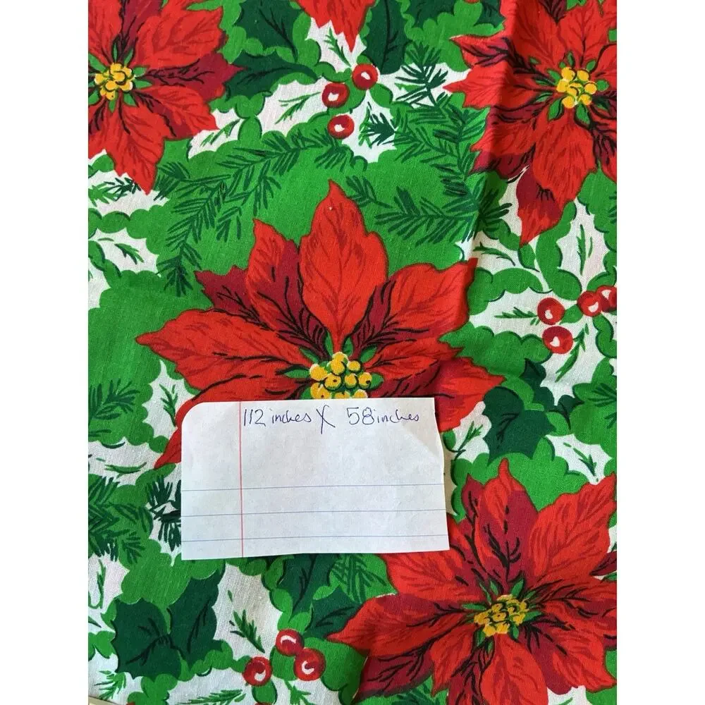 Vtg Christmas Fabric Poinsettia Green Red Holly 112x58 Cotton Uncut 3 Yds New